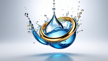 Purity and Prosperity: A lustrous gold ring amidst a splash of pristine water, symbolizing enduring commitment, purity, and the fluidity of life's journey.