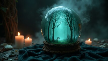 A mystical crystal ball reveals a hazy forest vision, resting on velvet amidst soft candlelight. Magical and atmospheric., ultra detailed, 8k resolution, HDR, professional