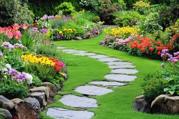 Backyard scene with colorful flower beds, green grass, and stone path in English garden