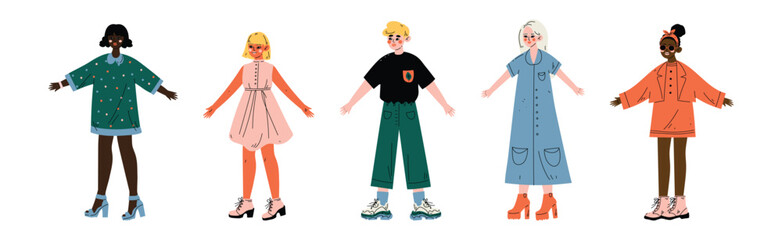 Young Man and Woman Character Standing in Trendy Wear and Fashion Outfit Vector Set