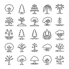 Fototapeta premium Collection of Twenty Five Linear Black Tree Icons Diverse Species Styles Including Deciduous Coniferous Fruit Trees Palm and Bare Trees Root Systems Illustrated