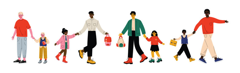 Happy Children with Backpack Going to Elementary or Middle School with Parent Vector Set