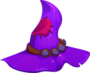 Fototapeta premium Cartoon Halloween witch and wizard hat with patch and decorated with stones on its belt. Isolated vector purple magician headwear with ragged brim. Funny old wiz cap, sorceress costume accessory