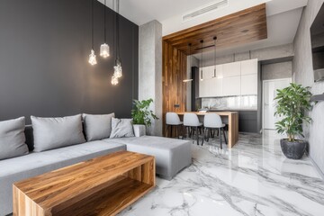 Fototapeta premium Modern open-plan living area with grey sofa, wooden accents, and marble floor
