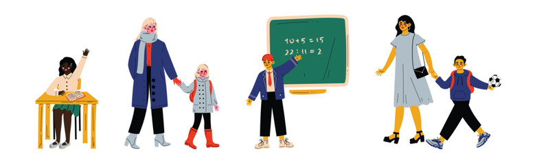 Happy Children with Backpack Going to Elementary or Middle School with Parent Vector Set