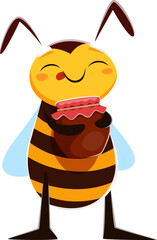 Hungry honey bee or wasp cartoon character. Honeybee baby cute isolated vector personage, spring insect happy cartoon character. Bumblebee bug funny mascot holding jar with honey and licking lips