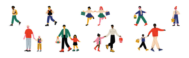 Happy Children with Backpack Going to Elementary or Middle School with Parent Vector Set
