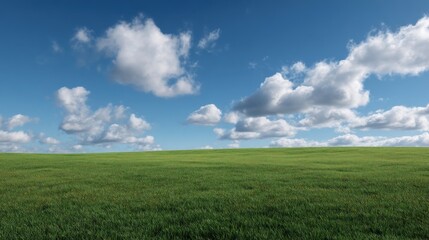 Expansive green field under a vibrant blue sky dotted with fluffy white clouds