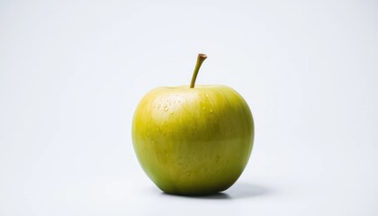 Fresh Green Apple with Stem and Water Drops on a White Background