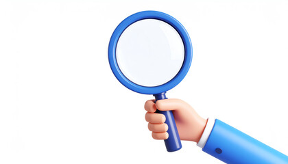 A cartoonish hand holds a blue magnifying glass, symbolizing search, exploration, and inquiry in a minimalist design