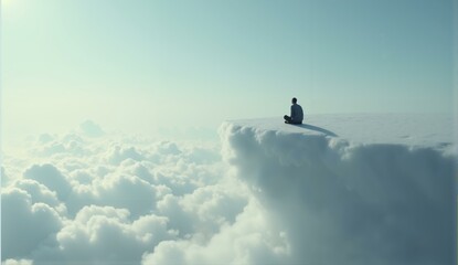 A solitary figure sits pensively atop a vast cloud, overlooking an endless ocean of clouds - serene and isolated., ultra detailed, 8k resolution, HDR, professional