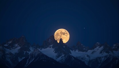 Stunning long-exposure shot of a full moon over snow-capped mountains under a starry indigo sky. Hyperrealistic and detailed., ultra detailed, 8k resolution, HDR, professional
