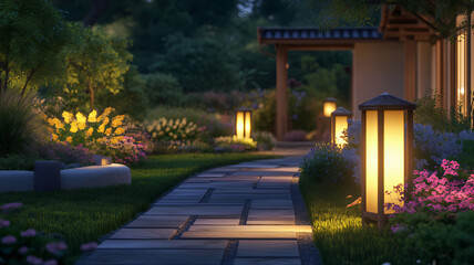 Garden light path, garden tree night stone stabs. Garden landscape lamps. Residential landscape lighting design LED floor lamps