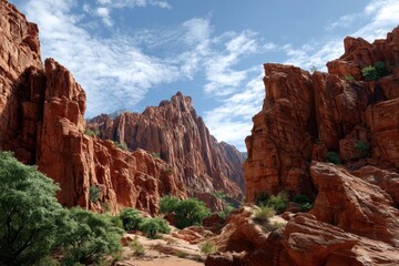 Fototapeta premium Red rock canyons with lush greenery under a clear blue sky in daytime