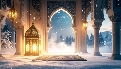 Snowy Islamic Pavilion at Night