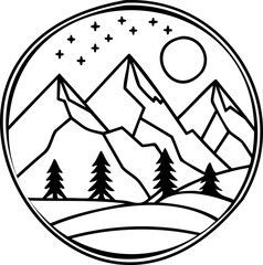 Mountain landscape with pine tree forest under starry sky and moon in circular outline design, peaceful and serene nature scene