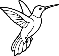 Obraz premium Hummingbird line art with detailed wings and long beak in simple black outline style, elegant and minimalistic bird illustration