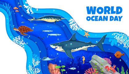 World oceans day paper cut banner with sea animals and underwater landscape. Marine life protection and ecology saving paper cut vector flyer or ocean day cutout poster with shark, turtle and narwhal © Vector Tradition
