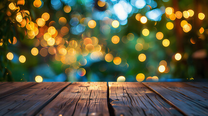 Backyard background party, empty wooden tabletop sale with blurred bokeh background. Bbq party, rustic wood background summer. Wooden table outside holiday product, night party table top