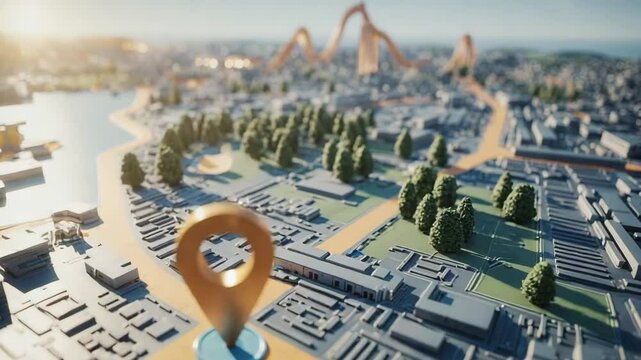 Location pin on map of city with roller coaster in the distance