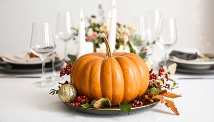 A festive Thanksgiving table setting with a pumpkin centerpiece, candles, and elegant glassware on a white tablecloth.
