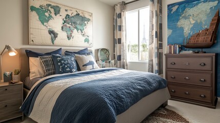 Kid bedroom with a travel theme, featuring landmarks wall art, cozy bedding, and a world map bookshelf for a global explorer feel