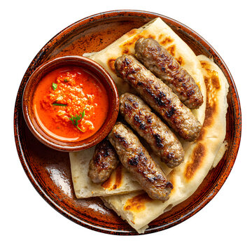 Bosnian cevapi grilled meat with ajvar sauce and flatbread on a ceramic plate, isolated on a white background