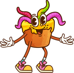 Cartoon groovy Halloween cupcake with jelly worms, festive sweet bakery character. Isolated vector traditional confectionery muffin dessert with earthworms in head. Cute spooky cake retro personage