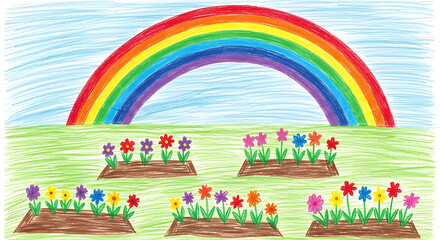 Fototapeta premium Child's drawing depicts rainbow over garden plots made with wax crayons on white paper, showing wobbly lines and texture, with overlapping colors. Colors are soft and chalky in child's drawing