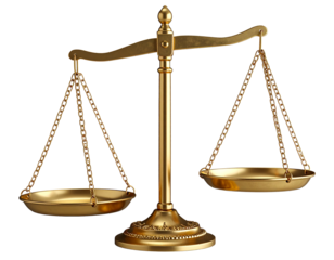 Golden Justice Scales Tilted with Uneven Balance, 3D Perspective, Isolated on Transparent Background