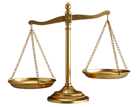 Golden Justice Scales Tilted with Uneven Balance, 3D Perspective, Isolated on Transparent Background