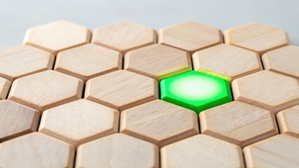 Wooden blocks forming a honeycomb pattern with one green block glowing — biodiversity and ecosystem health

