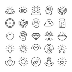 Collection of Twenty Five Linear Style Wellness Icons Depicting Mindfulness Spirituality and Self Care Symbols Including Lotus Flower Sun Eye Diamond Heart and Human Figures in