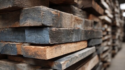 Stacked wooden beams in warehouse with soft lighting. Neural network AI generated