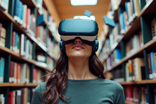 Woman surrounded by floating books in library, wearing virtual reality headset