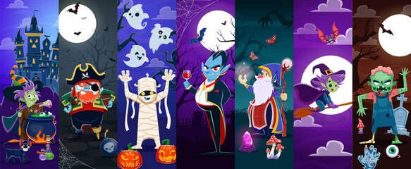 Cartoon Halloween scary characters collage. Vector holiday scenes with witch, vampire Dracula, zombie, pirate, ghosts, pumpkins and mummies at eerie moonlit backgrounds with bats and spooky castles