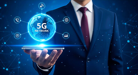 Businessman Holding Smartphone with 5G Network Concept Globe