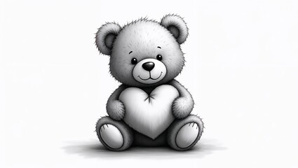 Obraz premium Gray teddy bear holding heart on white background for Valentine’s Day