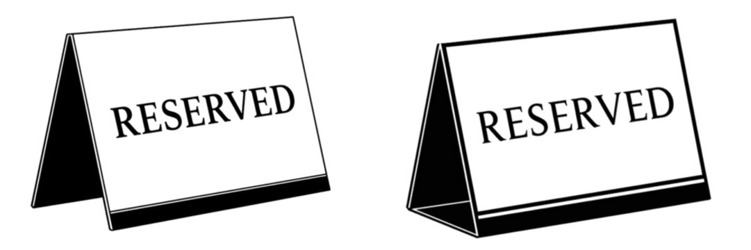 Set of two black and white 'RESERVED' table signs, isolated on transparent background for hospitality, events, and dining establishments.