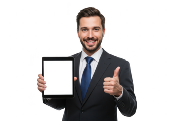 Smiling Businessman Holding Tablet with Thumbs Up on transparent background