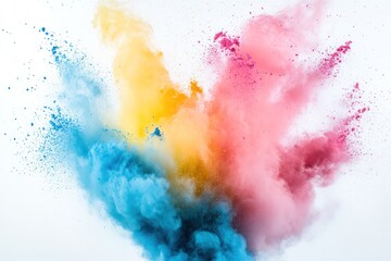 Fototapeta premium Artistic explosion of pink, blue, and yellow powders, dynamic movement, white space