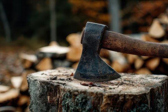 Axe splitting log on chopping block with woodpile in background