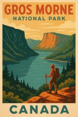 Obraz premium Illustrated hiker overlooking the fjords of Gros Morne National Park in Canada surrounded by cliffs, forested slopes and winding blue water under golden sky