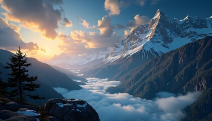 Majestic snow capped mountain range bathed in golden sunrise light above clouds
