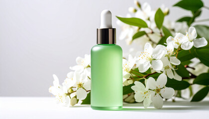 Green Beauty Essence: A sleek green glass bottle of beauty essence, complemented by delicate white blossoms, showcases the harmonious blend of nature and skincare.