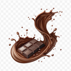 realistic 3d chocolate fluid splash flow with drops, bubbles  in curve style isolated on transparent background