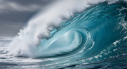 Majestic ocean wave barreling with translucent blue-green hues and foamy white spray, crashing with energy under a soft, cloudy sky; dynamic and realistic seascape photography