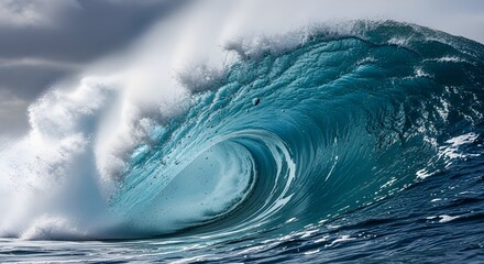Majestic ocean wave barreling with translucent blue-green hues and foamy white spray, crashing with energy under a soft, cloudy sky; dynamic and realistic seascape photography