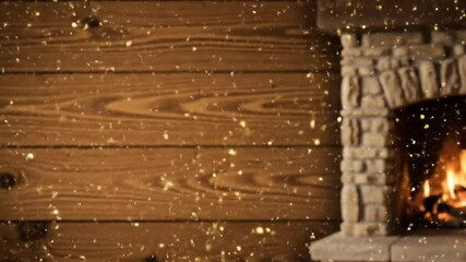 A stone fireplace with a burning fire is seen against a wooden wall all framed by golden particles