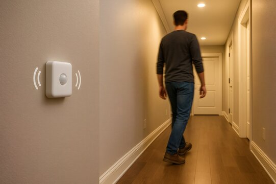 Smart home automation system with motion sensor detecting presence and activating lights in the corridor as homeowner is walking